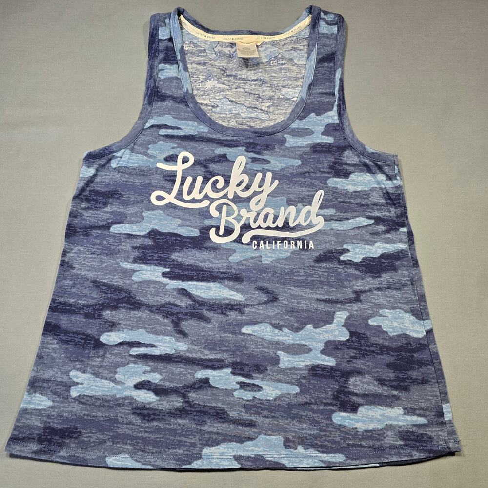 Lucky Brand Blue Camo Tank Graphic Printed Logo Stretch Casual Womens Size M Top